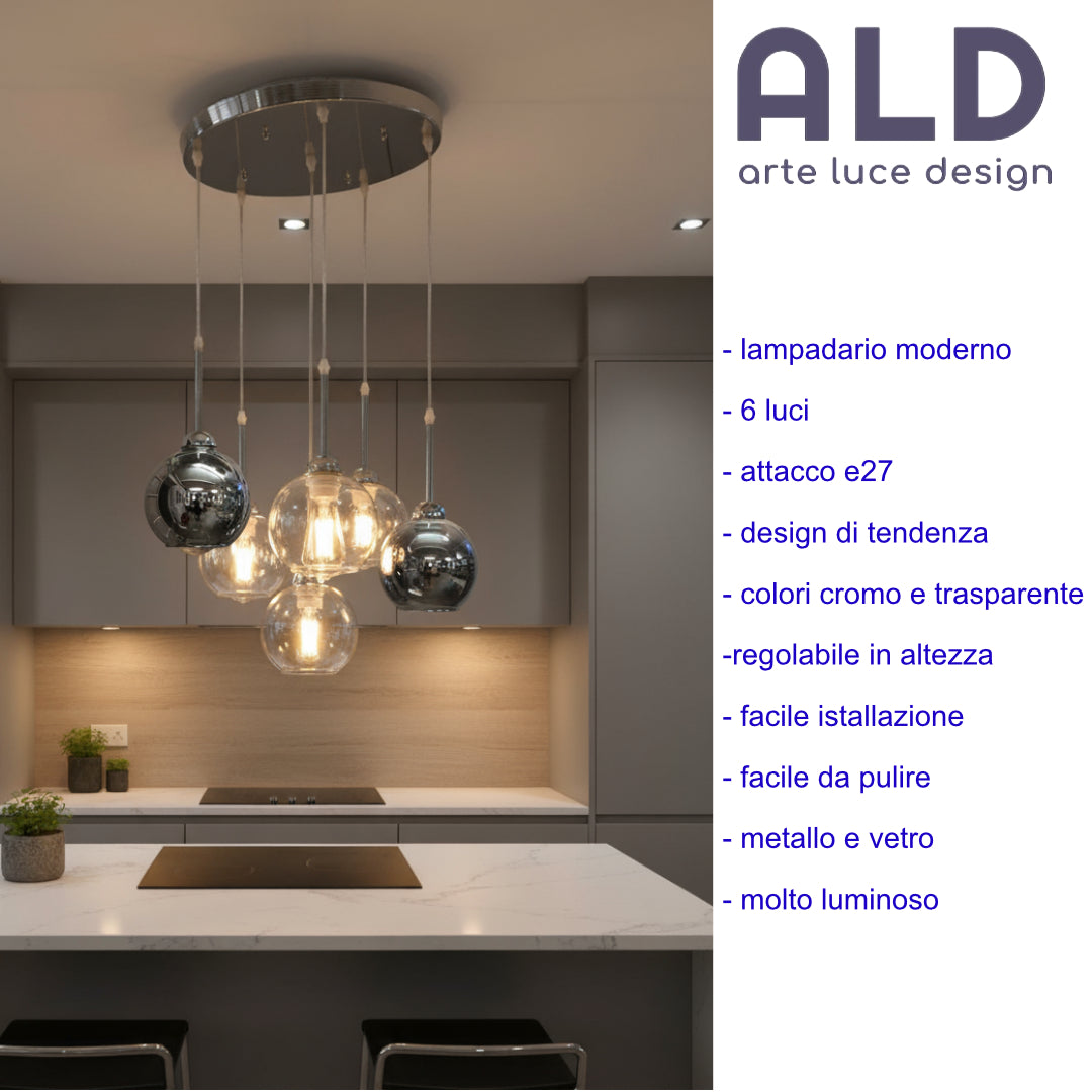 Sospensione moderna a 5 luci E27 lampadario cromo da cucina paralumi in vetro
