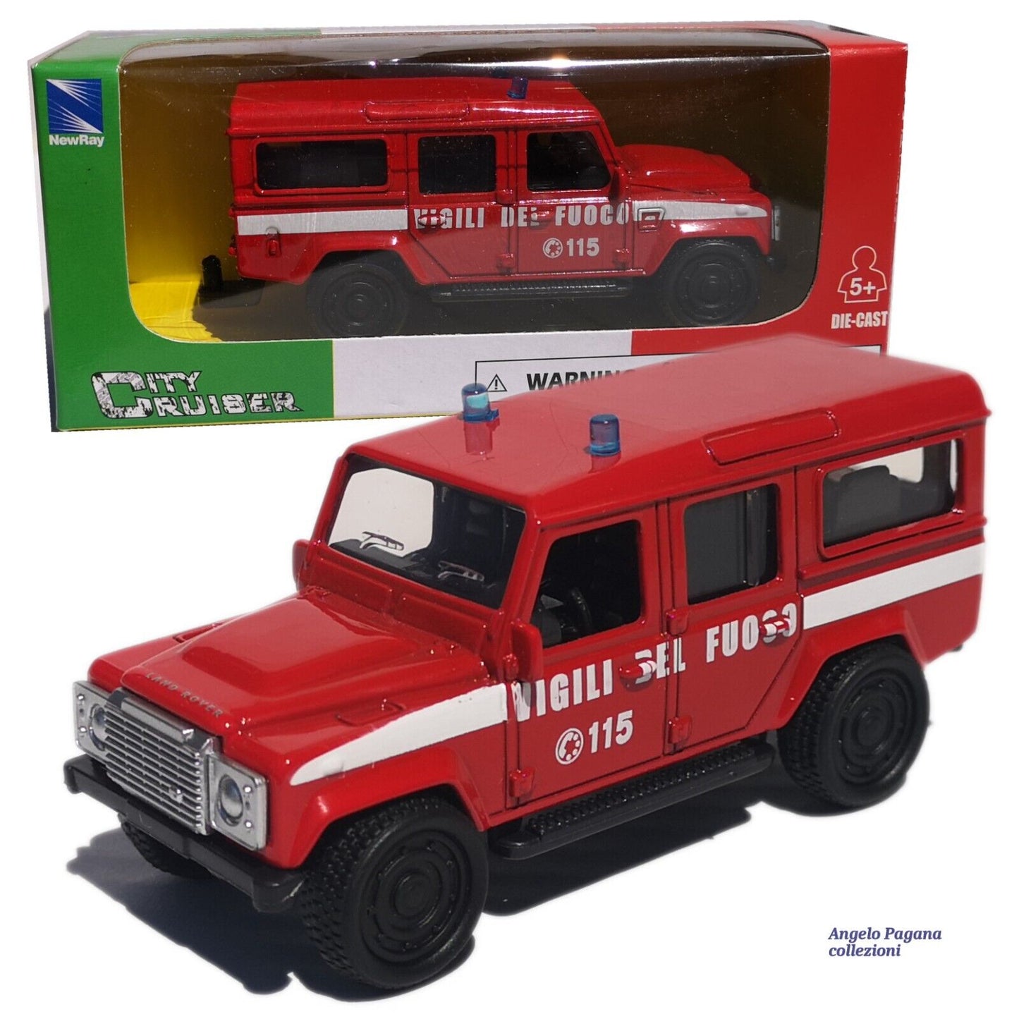 modellino auto scala 1:43 land rover defender fuori strada dei vigili del fuoco