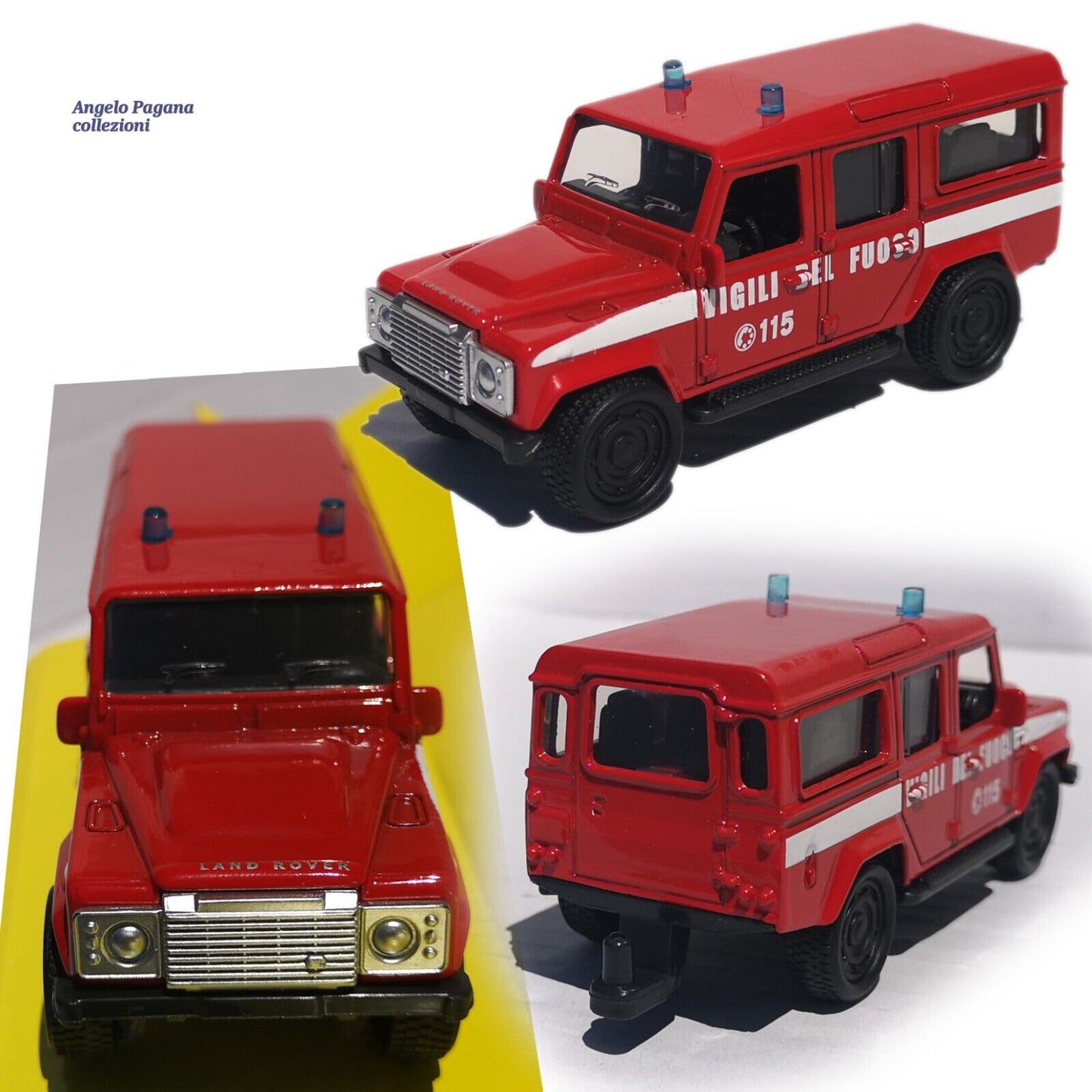 modellino auto scala 1:43 land rover defender fuori strada dei vigili del fuoco