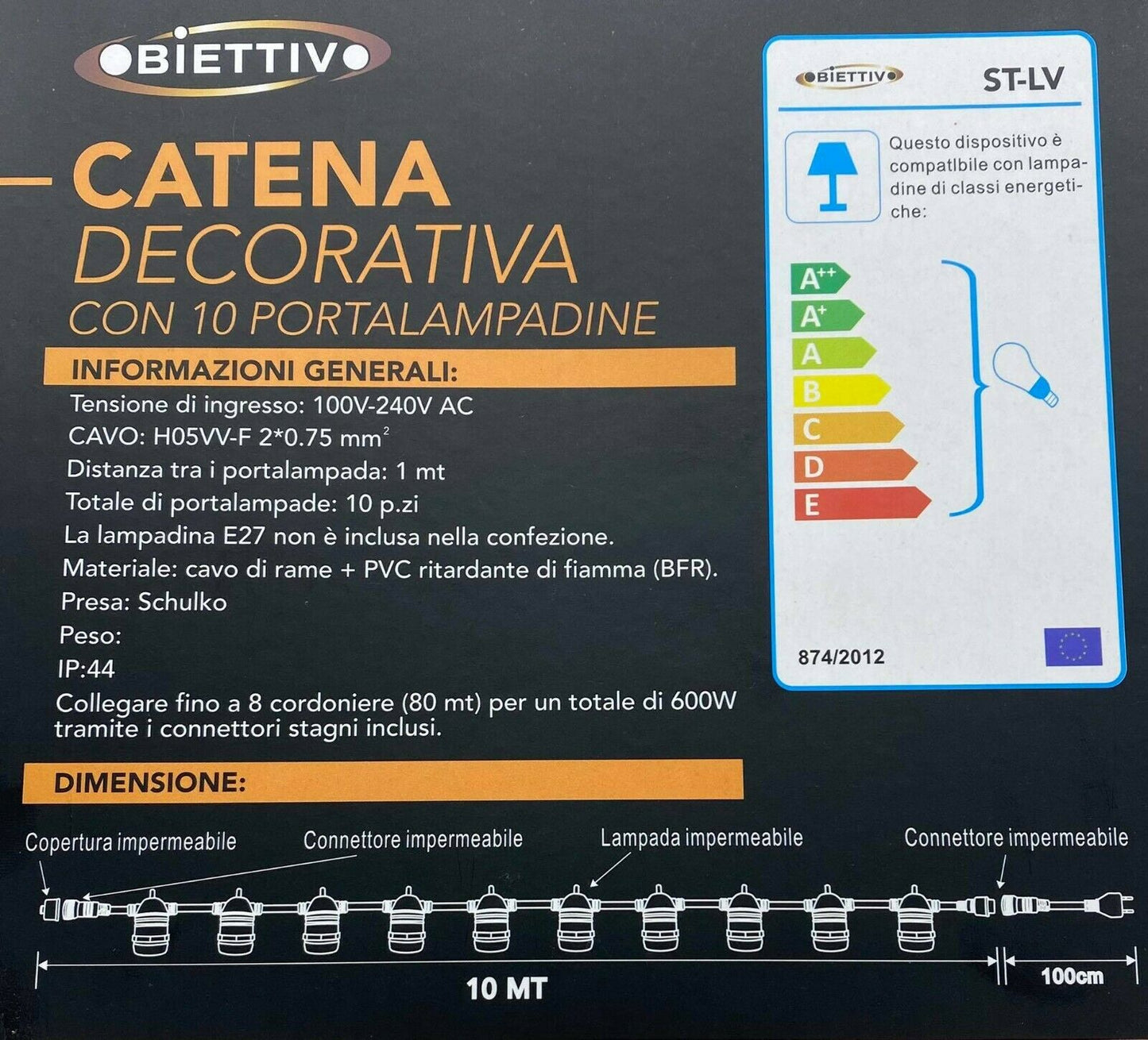 Catena luminosa da esterno impermeabile luci da giardino portalampada E27 11mt