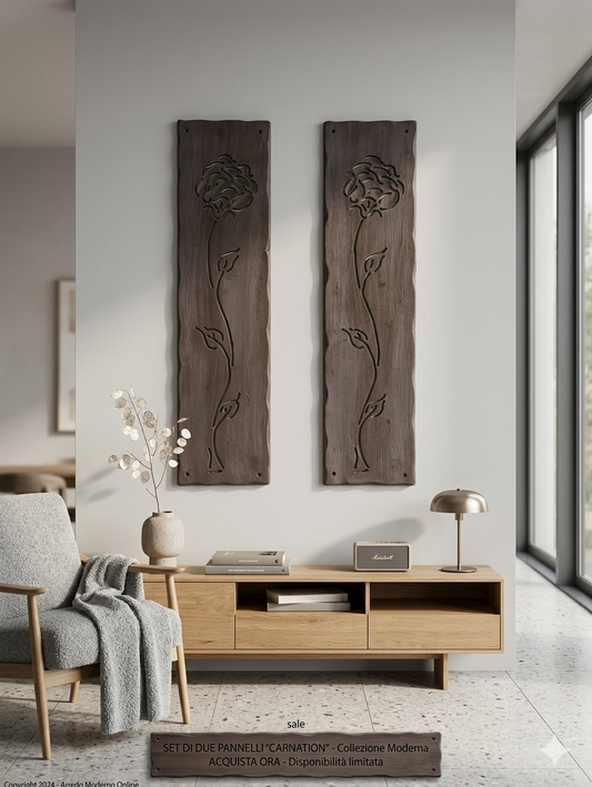 Coppia pannelli in legno con decoro fiore intagliato complementi arredo moderno