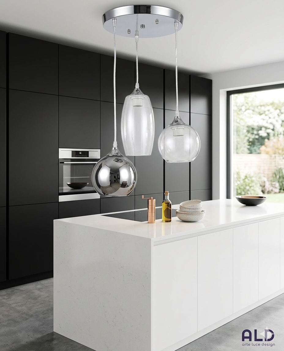Lampadario a sospensione da cucina pendel moderno a 3 luci E27 vetro trasparente