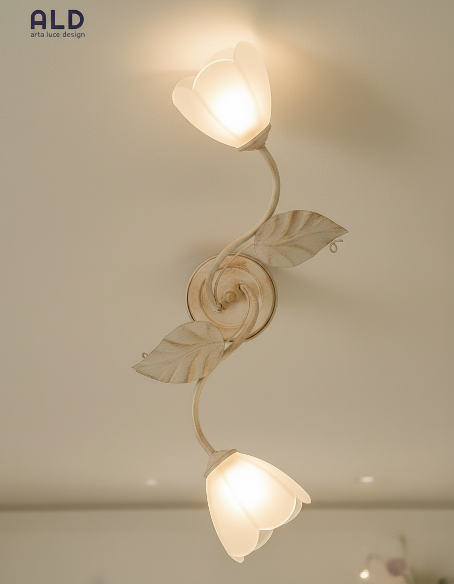 Plafoniera classica in ferro battuto avorio e oro lampada a soffitto 2 luci e14