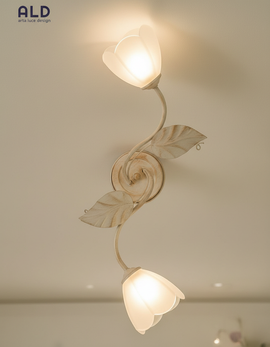 Plafoniera classica in ferro battuto avorio e oro lampada a soffitto 2 luci e14