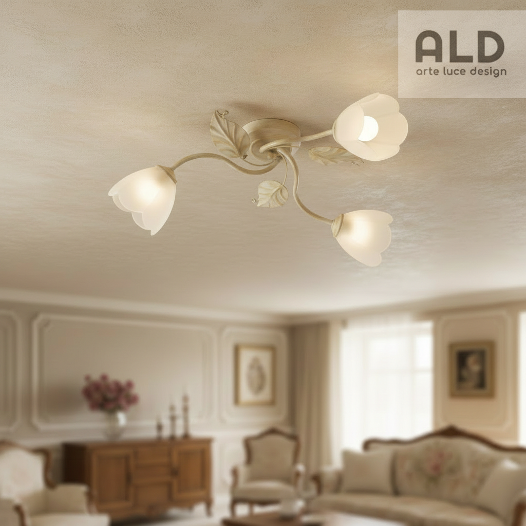 Plafoniera classica in ferro battuto avorio e oro lampada a soffitto 3 luci e14