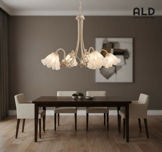 Lampadario classico in metallo avorio e oro camera da letto cameretta 5 luci e14