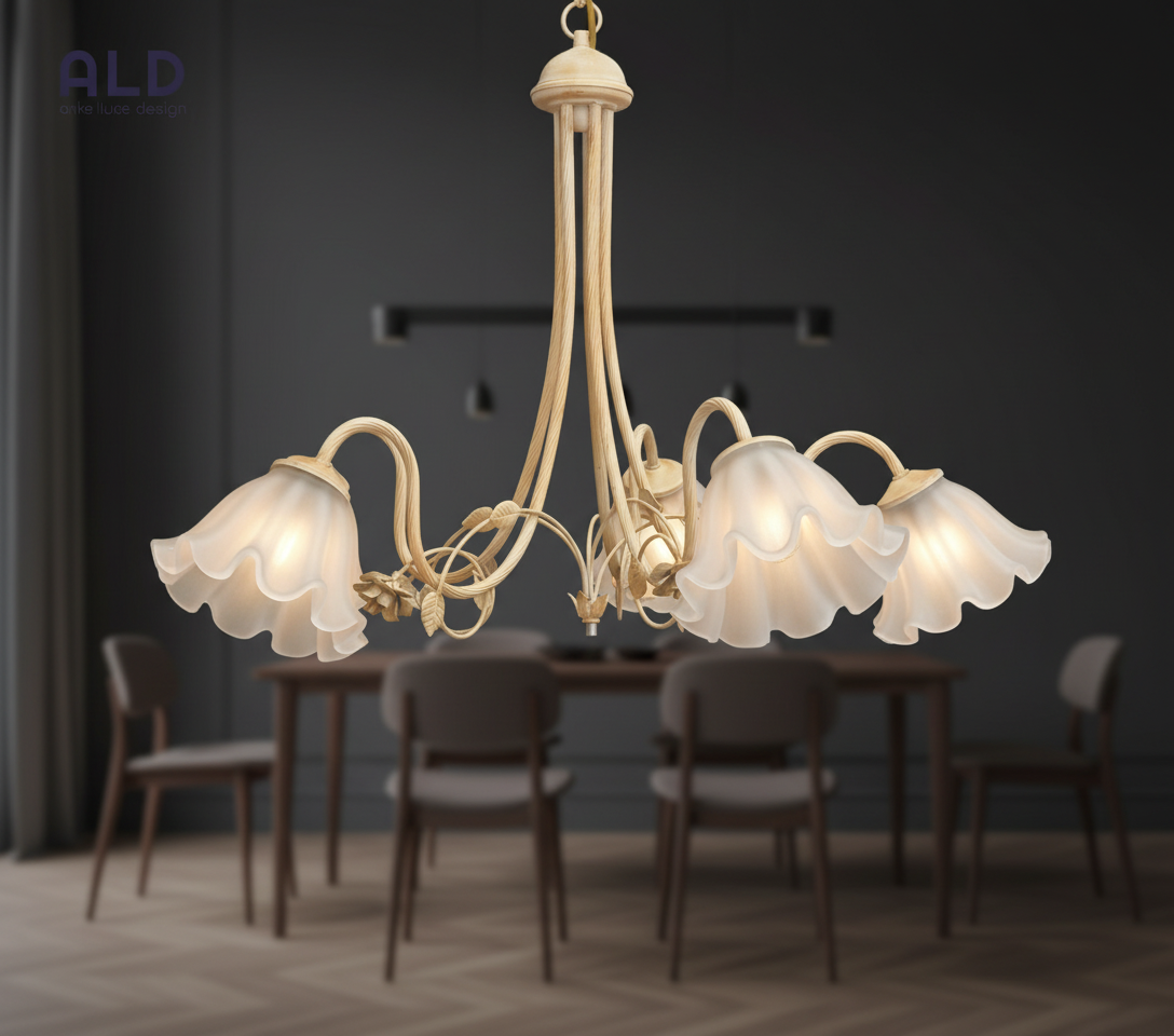 Lampadario classico in metallo avorio e oro camera da letto cameretta 5 luci e14