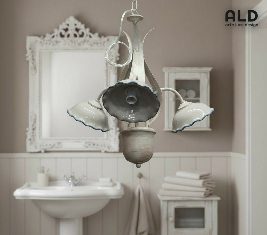 Lampadario shabby in ferro battuto per bagno cameretta ingresso 3 luci e14