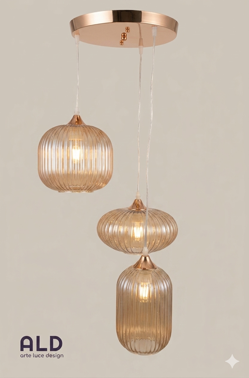 Lampadario a sospensione da cucina pendel moderno a 3 luci E27 vetro ambra e oro