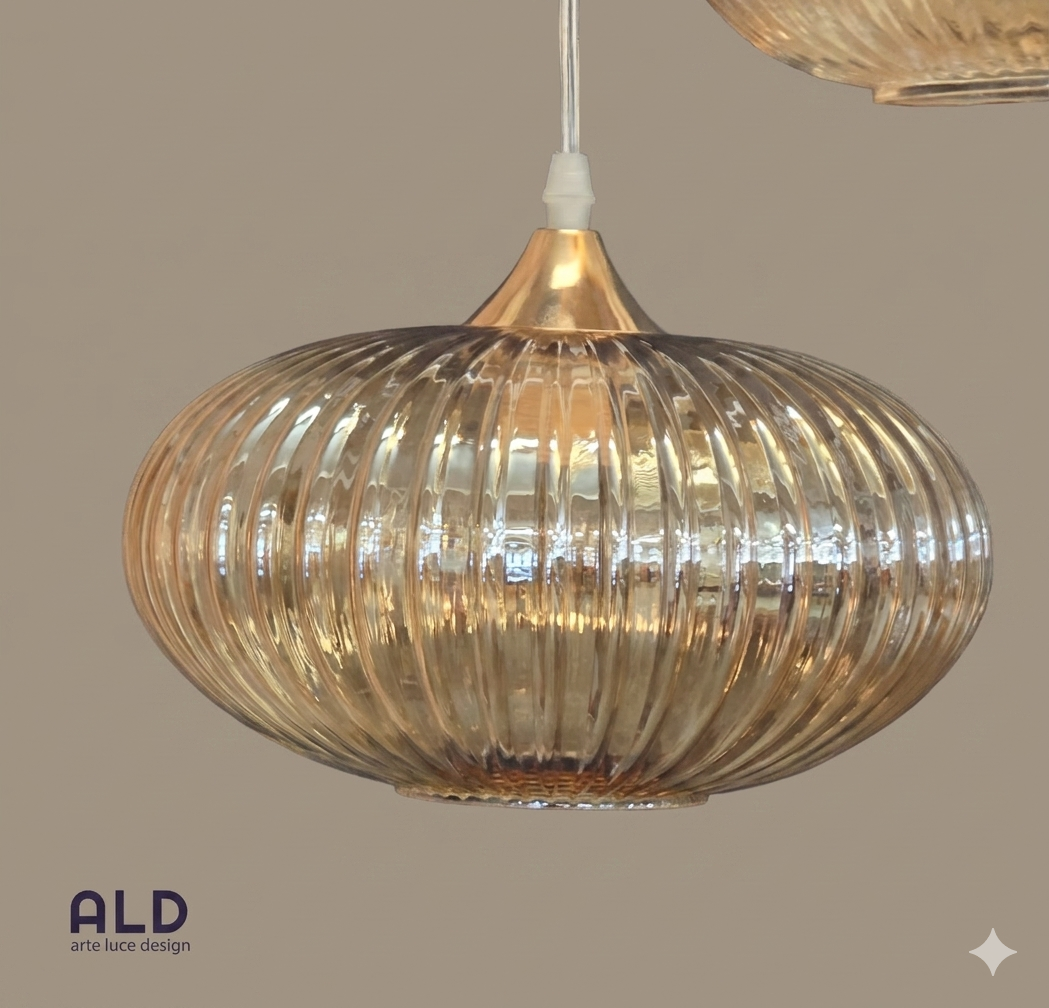 Lampadario a sospensione da cucina pendel moderno a 3 luci E27 vetro ambra e oro