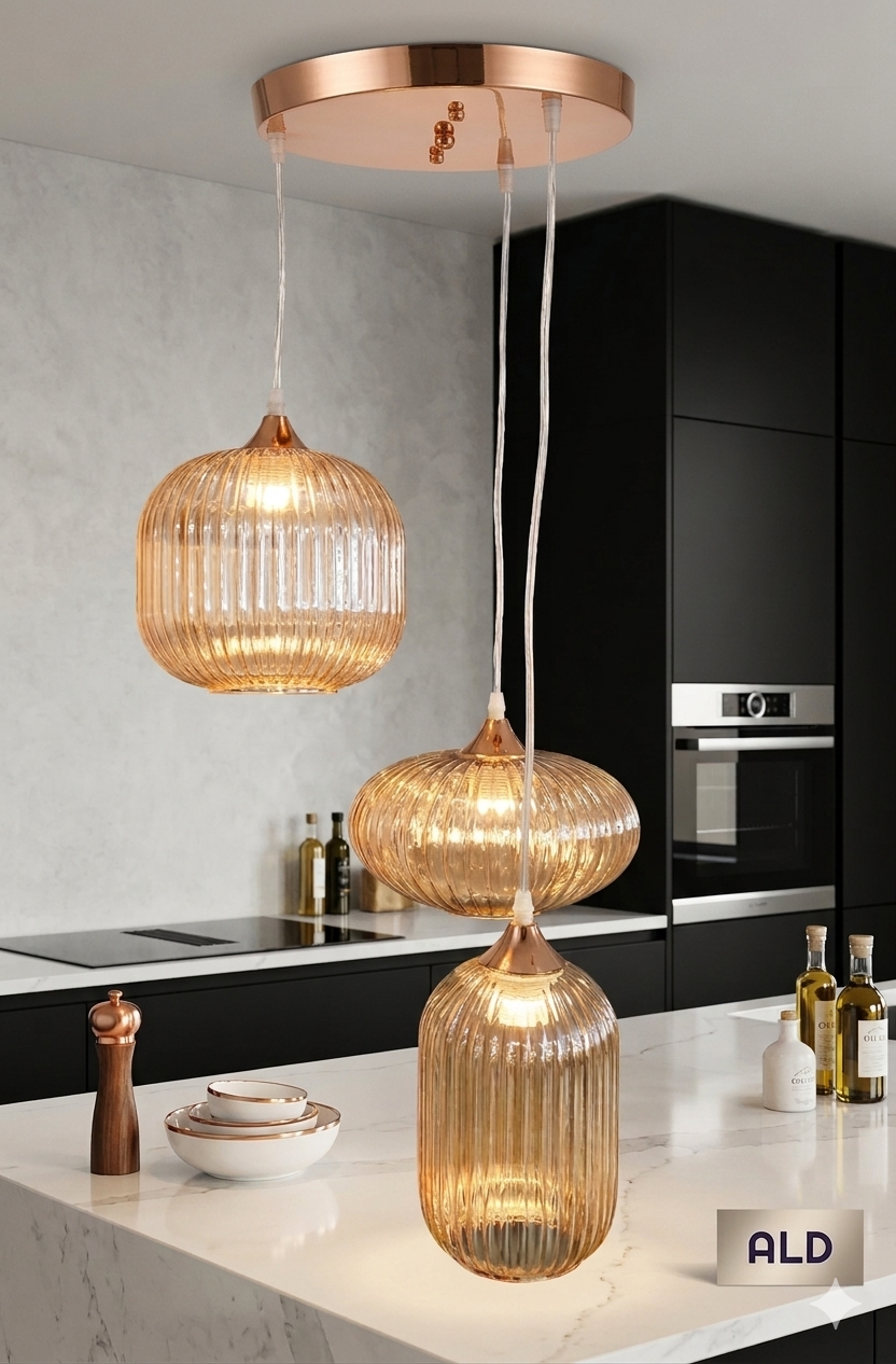 Lampadario a sospensione da cucina pendel moderno a 3 luci E27 vetro ambra e oro