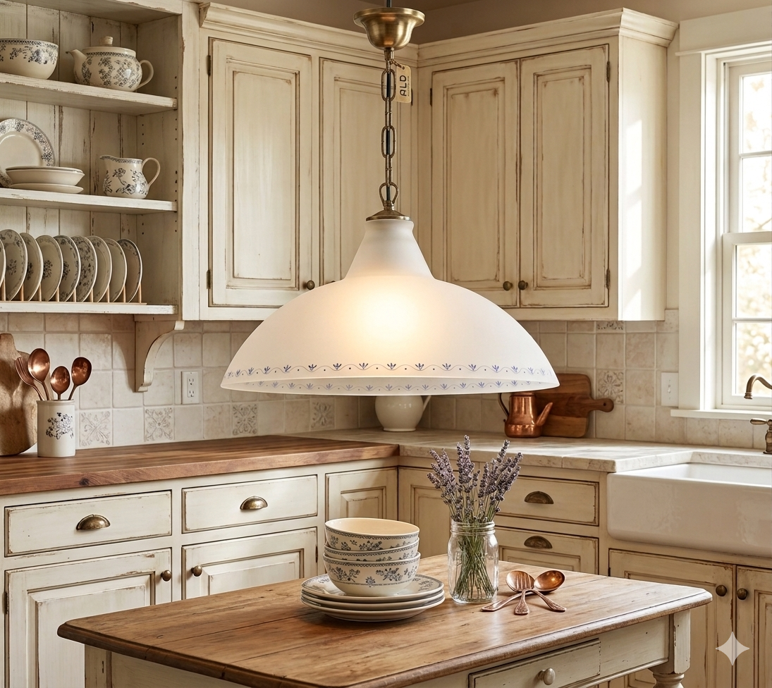 Sospensione shabby in metallo con paralume in vetro bianco lampadario cucina E27