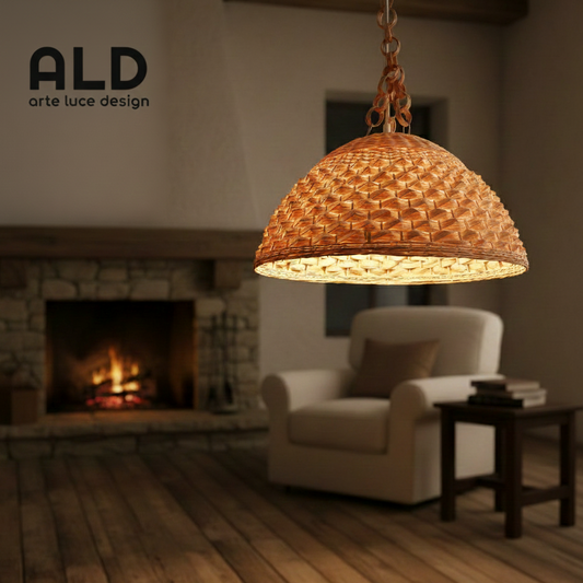 Lampadario rustico in vimini sospensione da cucina ingresso gazebo 1 luce E27