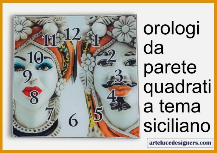 Orologio quadrato da parete moderno in vetro stile siciliano coppia teste di moro