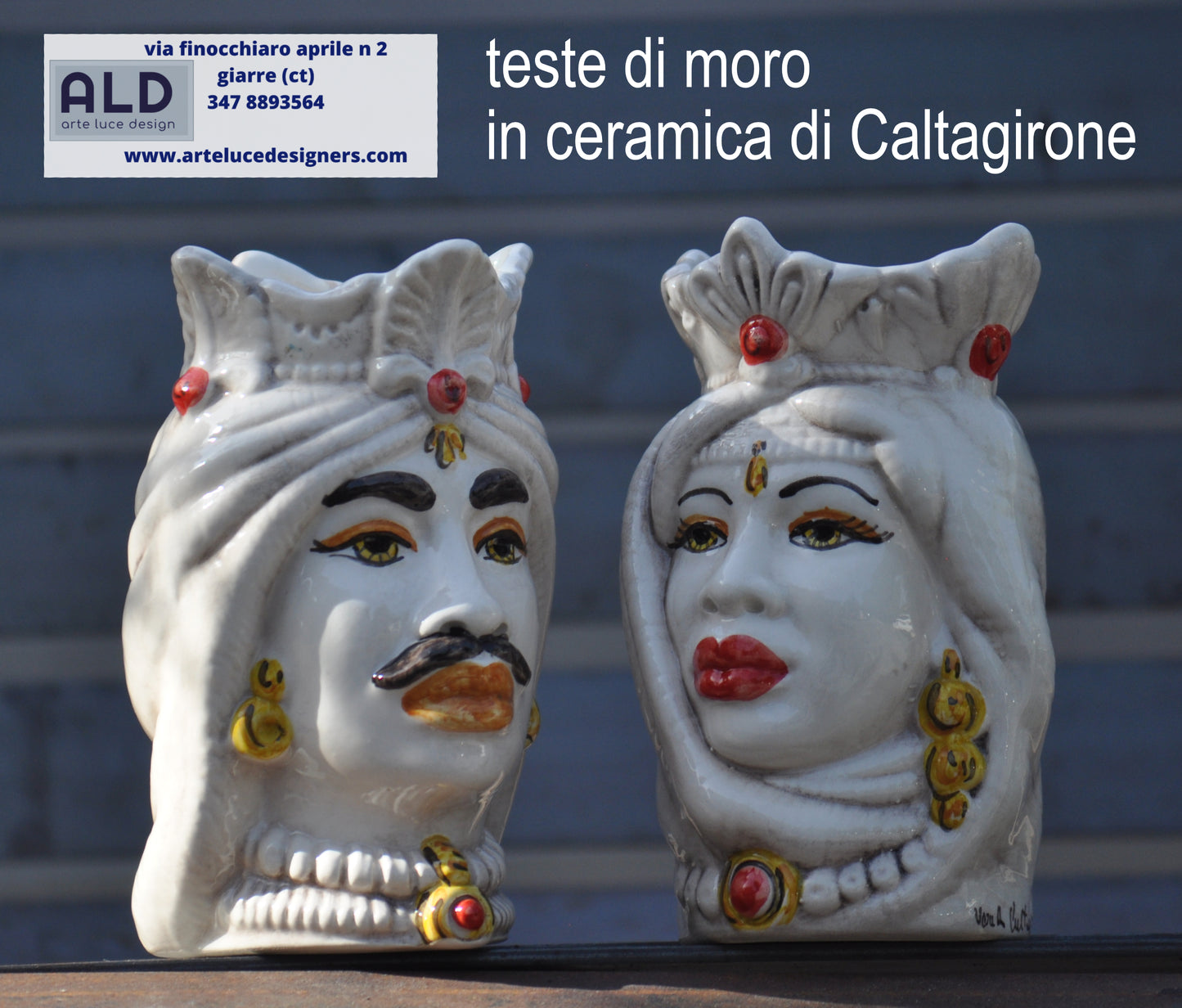 Teste di moro bianco invecchiato ceramica di Caltagirone soprammobili siciliani altezza 14 cm