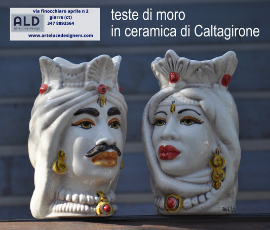 Teste di moro bianco invecchiato ceramica di Caltagirone soprammobili siciliani altezza 14 cm