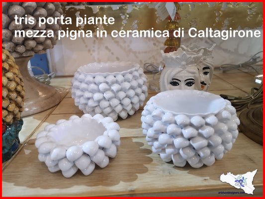 porta sapone in ceramica di caltagirone bianco porta piante da arredo bagno set 3 pezzi ceramiche bianche mezze pigne pigna siciliana