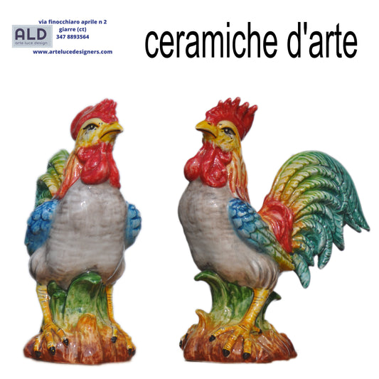 Statua gallo soprammobile statuina terracotta decorata tradizione siciliana