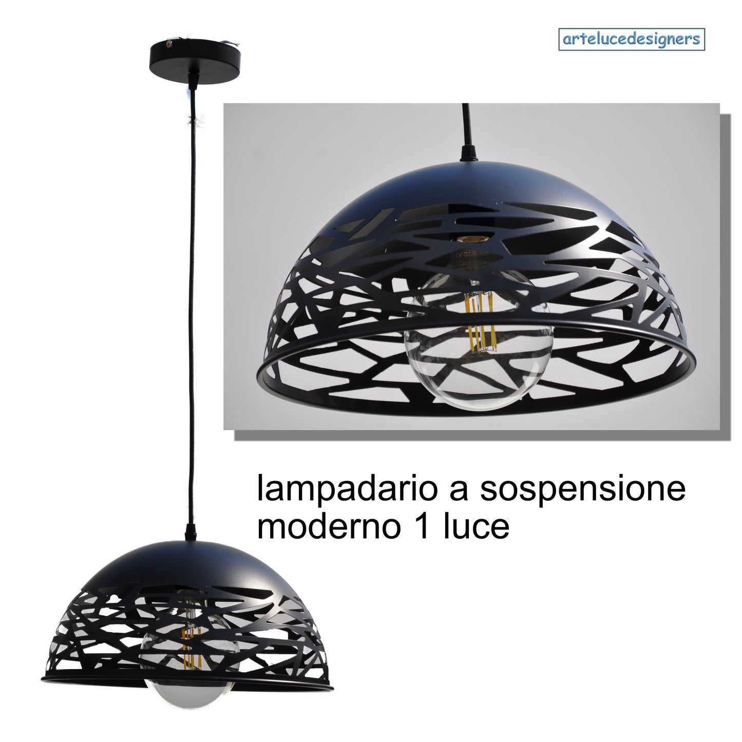 lampadario a sospensione moderno con paralume a cupola traforato nero 1 luce E27