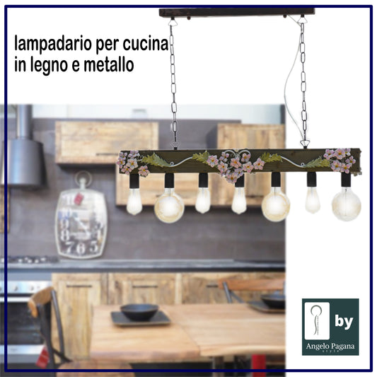 lampadario rustico a sospensione legno e metallo 7 luci E27 ideale per cucina