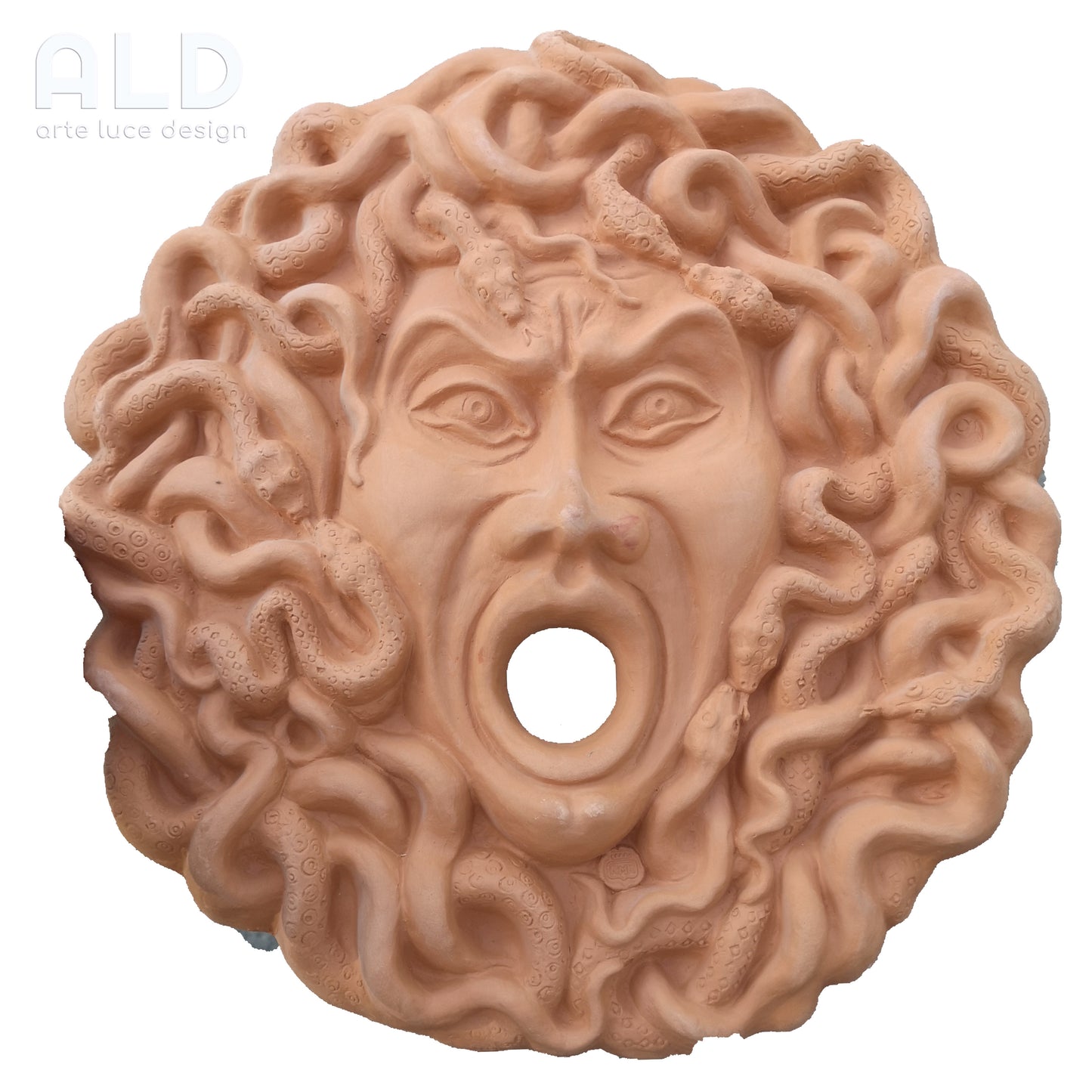 Volto di Medusa in terracotta grezza per fontana decorazione murale fregio parete